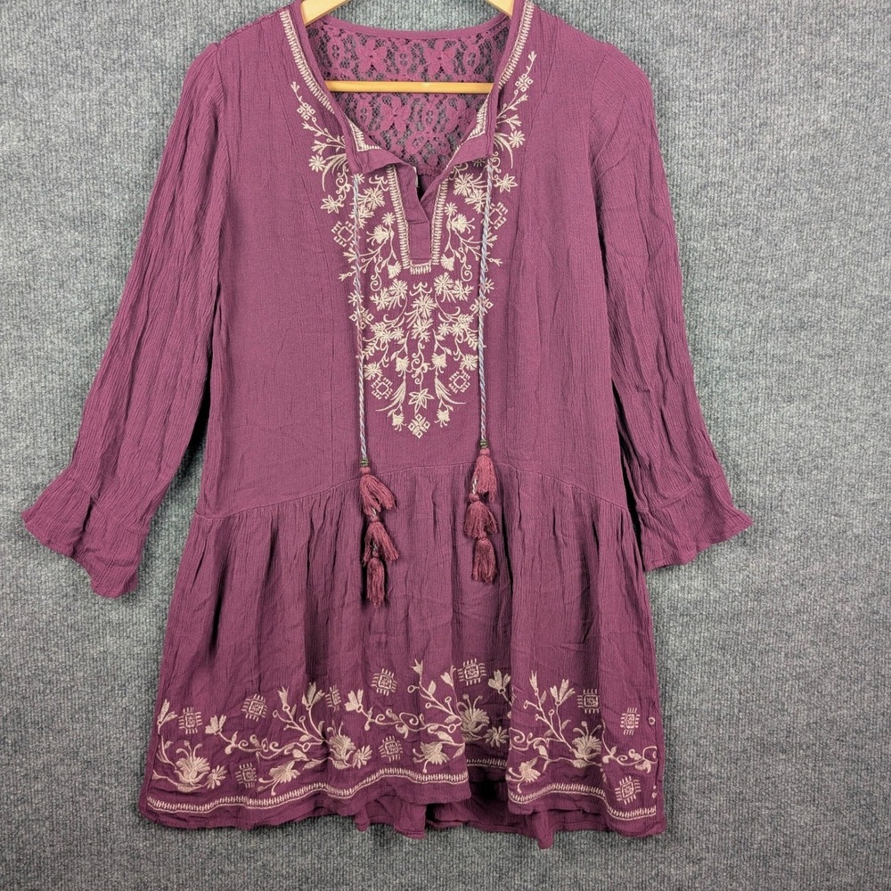 Knox Rose S Boho Embroidered Top Tassel Tunic Plum Purple Festival Concert Flowy